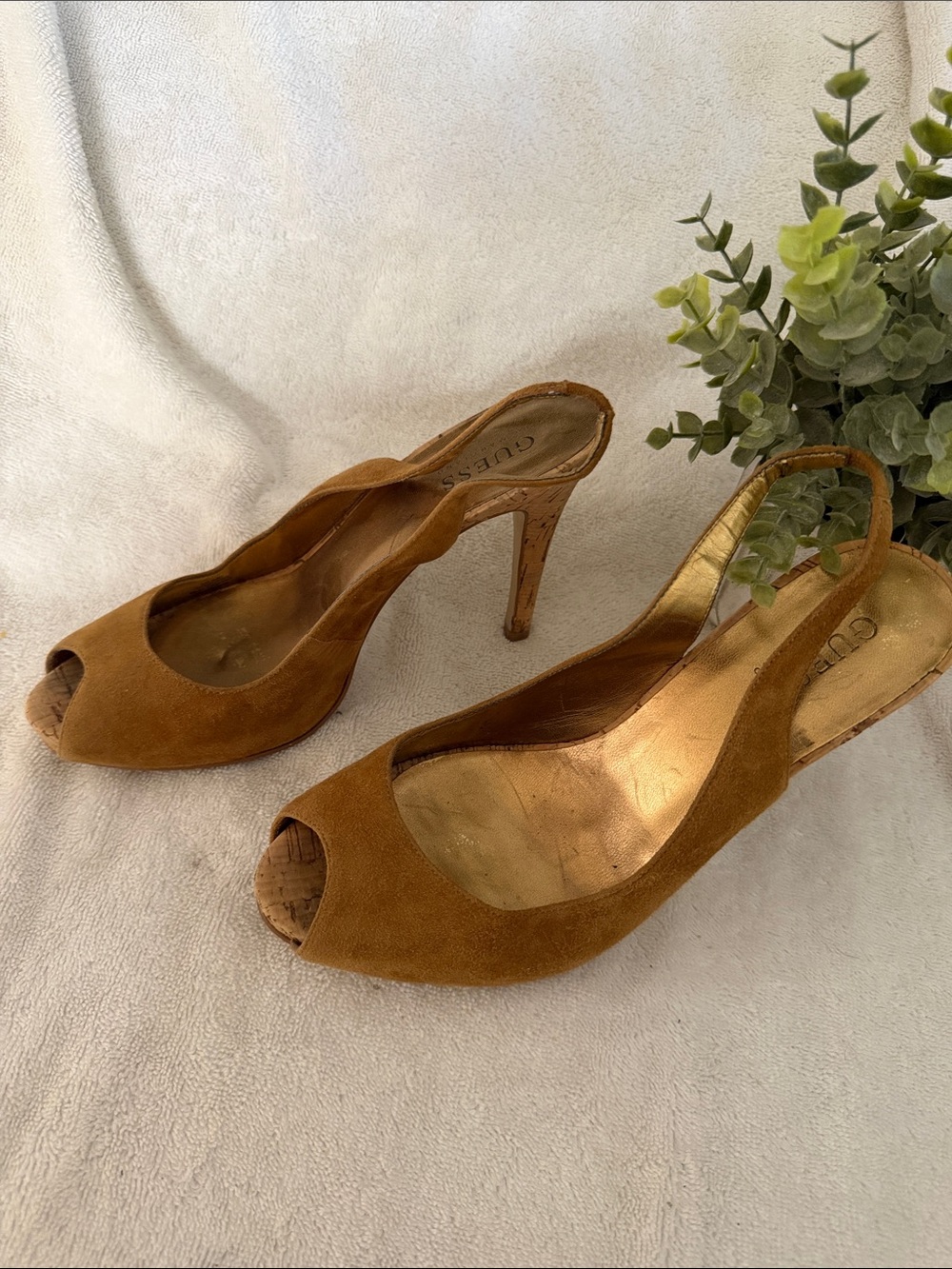 Suede Peep-Toe Slingback Heels in Cognac
